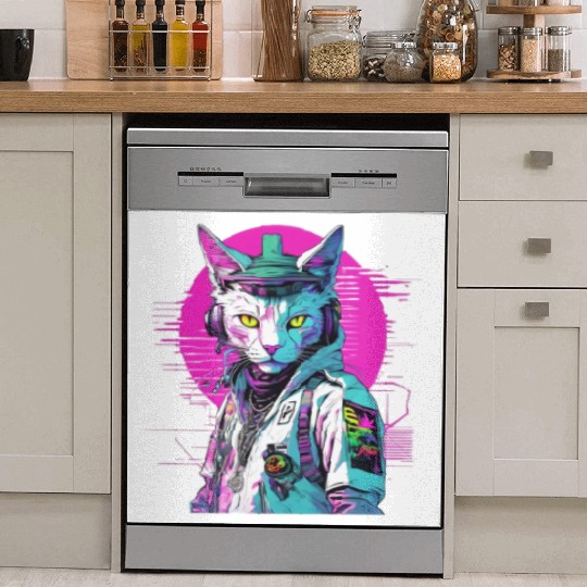Neon Cyberpunk Warrior Cat Dish Washer Covers