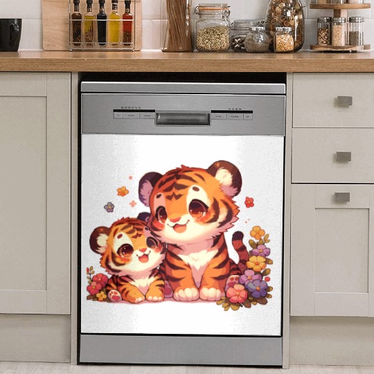 Adorable Tiger Cubs Surrounded By Flowers Dish Washer Covers