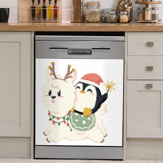 Alpaca and penguin celebrate Christmas Dish Washer Covers