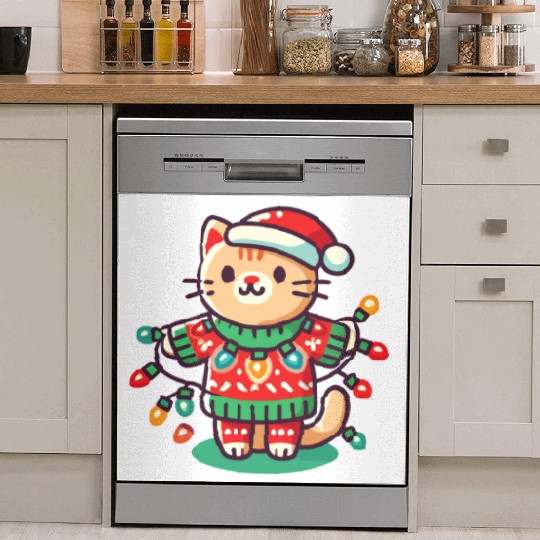 Christmas Cat With Fairy Lights Dish Washer Covers