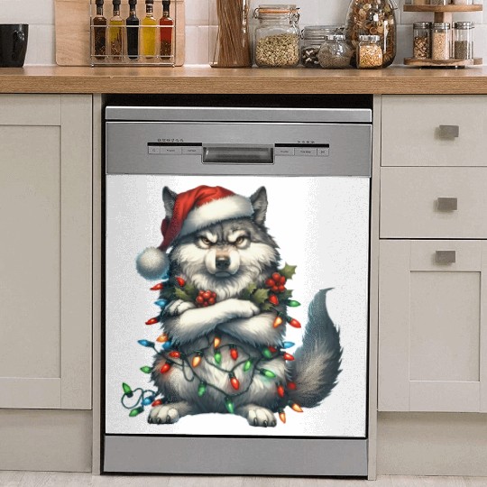 Wolf with Santa Hat and Christmas Lights Design Dish Washer Covers