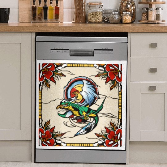Dragonbird in Stained-Glass Garden" Dish Washer Covers