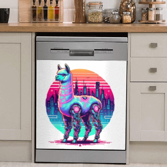 Futuristic Cyber Llama in Neon Cityscape Dish Washer Covers