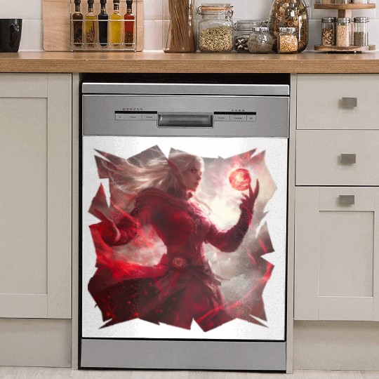 Mystical Fire Elf Holding Glowing Spell Orb Art Dish Washer Covers