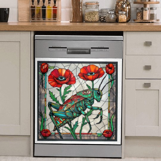 Grasshopper cricket stained glass poppy flower Dish Washer Covers