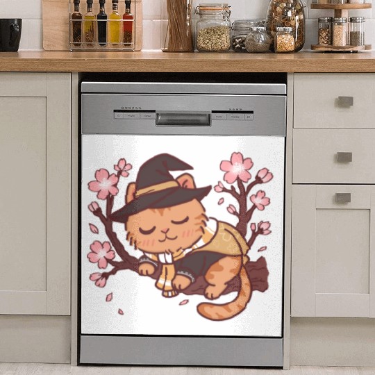 Whimsical Witch Cat in Cherry Blossom Tree Dish Washer Covers