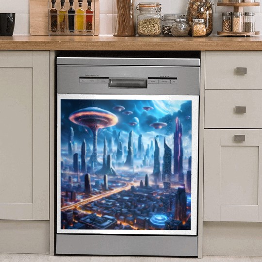 Cyberpunk World Cityscape with Alien Ufo Skies Dish Washer Covers