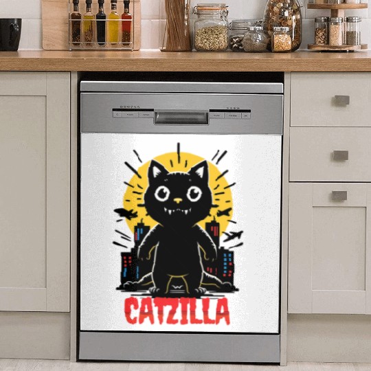 Nighttime City Monster Catzilla Design Dish Washer Covers