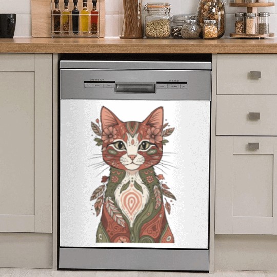 Boho Psychedelic Cat – Floral Hippie Design Dish Washer Covers