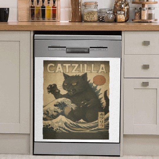 Ukiyo-e Catzilla Retro Japanese Monster Cat Dish Washer Covers