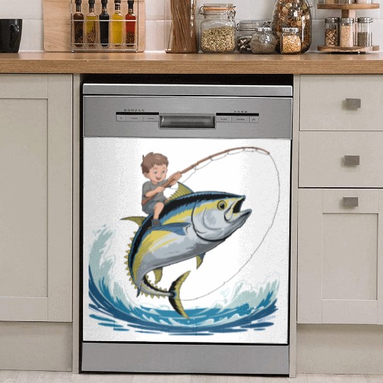Joyful young boy rides massive jumping tuna Dish Washer Covers