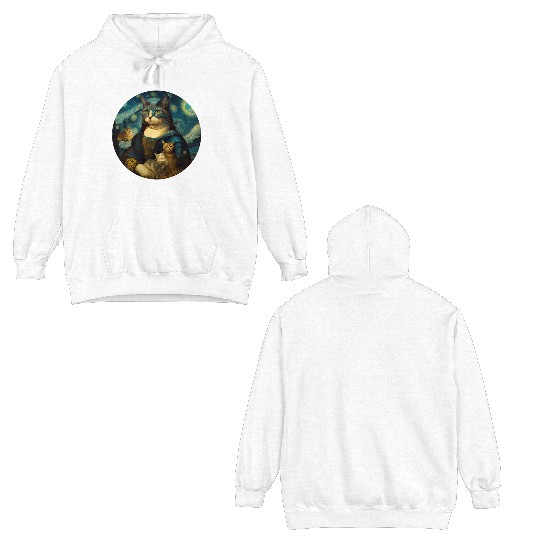 Mona Lisa With Cats Starry Night Van Gogh Painting Double Sided Hoodies