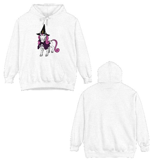 Happy Halloween 2024 unicorn wearing a witch hat Double Sided Hoodies