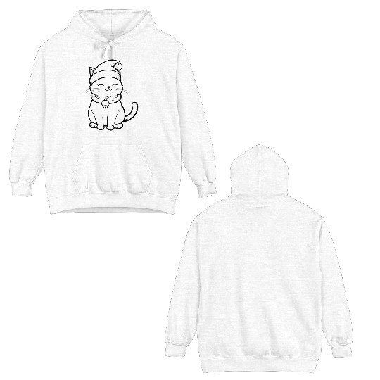 Christmas Coloring Page Cute Cat with Winter Hat Double Sided Hoodies