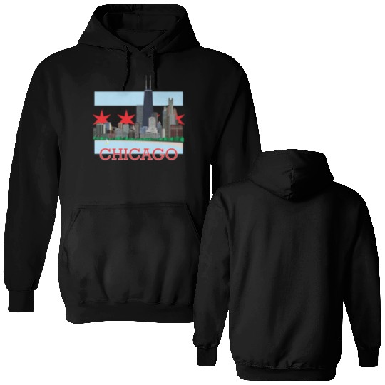Chicago Skyline and Flag Double Sided Hoodies