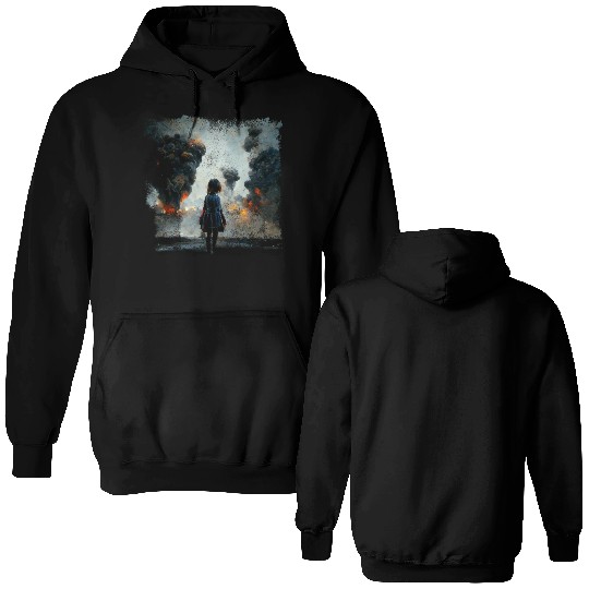Kid in war looking at explosion AI painting Double Sided Hoodies