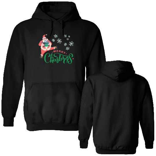 Merry Christmas in Green Font and Pink Santa Double Sided Hoodies