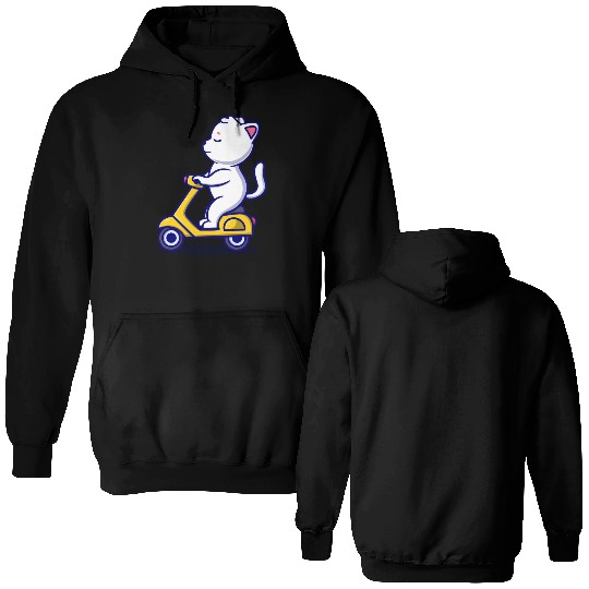 cute cat rid scooter cartoon icon illustration Double Sided Hoodies