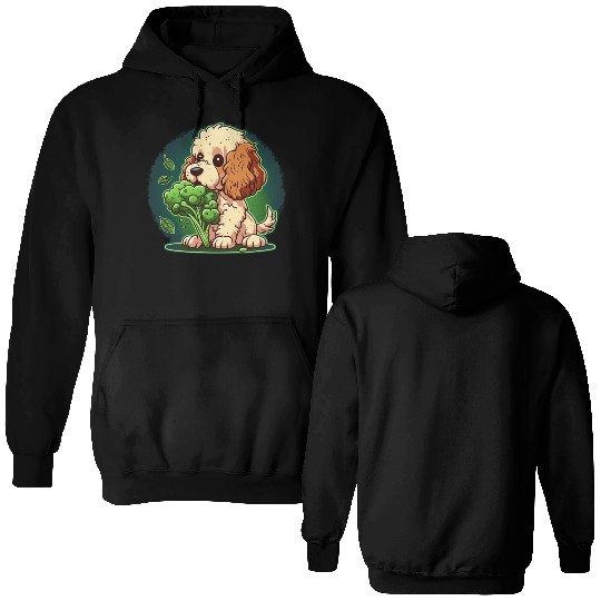 Cute dog eats green broccoli vegetables Double Sided Hoodies