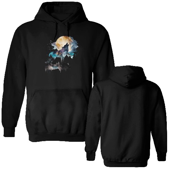 Mountain Wolf Multicolor Watercolor Portrait Double Sided Hoodies