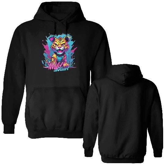 Vibrant Synthwave Sabertooth Tiger Graffiti Kids Double Sided Hoodies