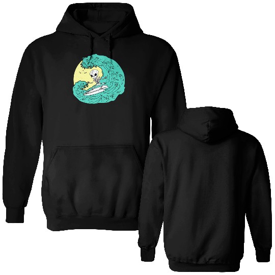 Skeleton surfing on Wave Double Sided Hoodies