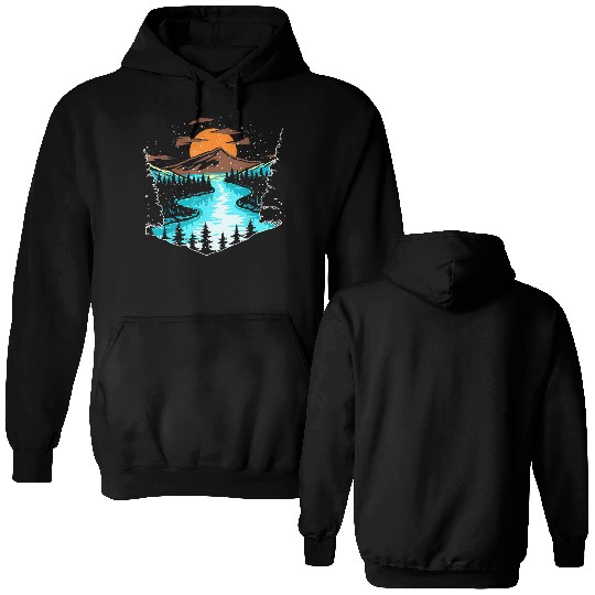 Wildlife Mountain River Outdoor Nature Full Moon Double Sided Hoodies