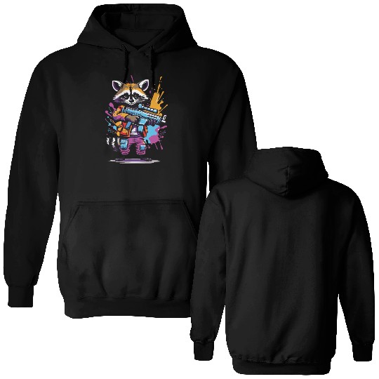 Raccoon with laser gun Double Sided Hoodies