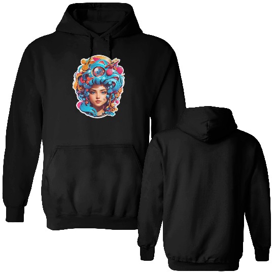 Psychedelic girl with multi color hair. futuristic Double Sided Hoodies