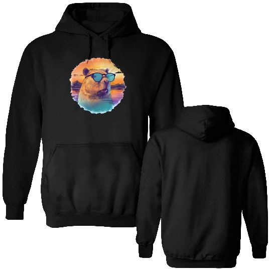 Sunset Serenity: Rustic Capybara Stripe Illustrate Double Sided Hoodies