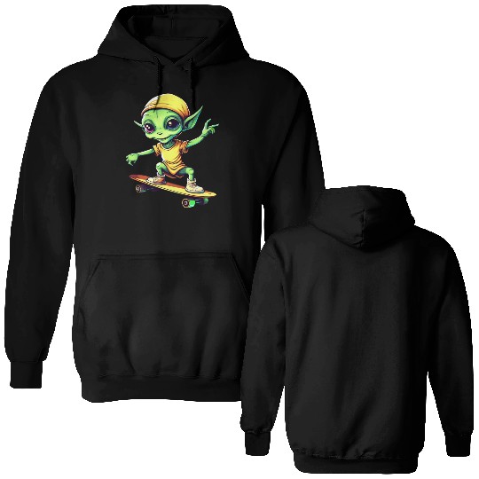 Green Alien Skateboarder: Intergalactic Moves Double Sided Hoodies