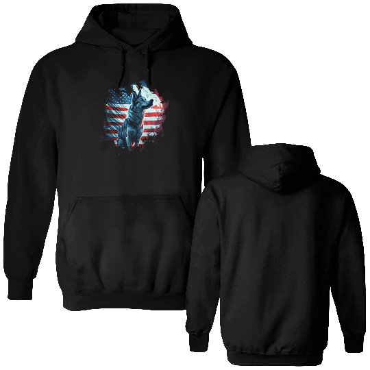 America dog under Moon with American Flag Double Sided Hoodies