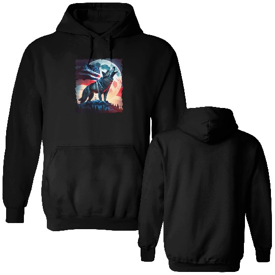 America wolf under Moon with American Flag Double Sided Hoodies
