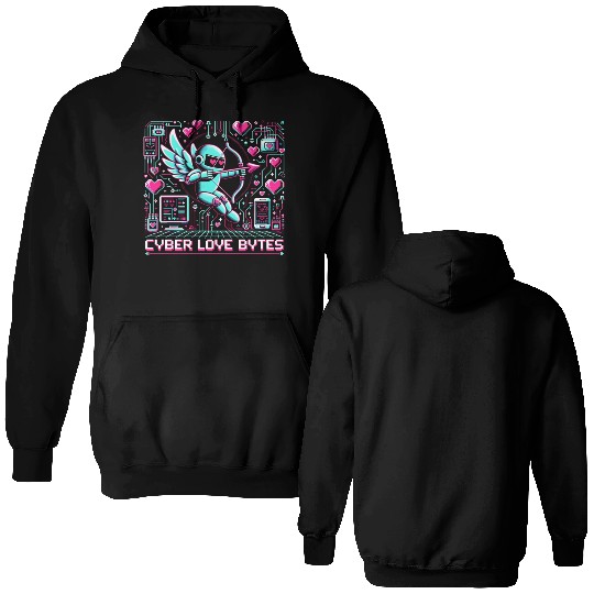 Cyber Love Bytes 8bit Cupid Robot and Neon Hearts Double Sided Hoodies