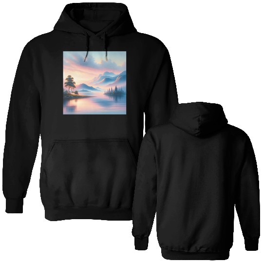 Sunrise Serenity Lakeside Tranquility in Pastel Double Sided Hoodies