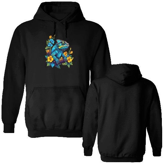 Chameleon Sitting on Branch Surrounded by Flowers Double Sided Hoodies