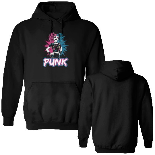 Punk girl with pink and blue hair retro style for Double Sided Hoodies