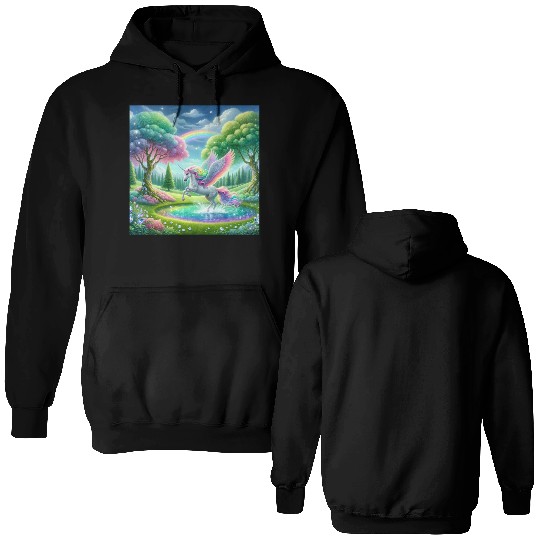 Enchanted Rainbow Unicorn Over Sparkling Pond Double Sided Hoodies