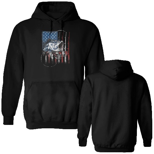 Fishing US Flag Vintage Bass Fisherman Gift Double Sided Hoodies