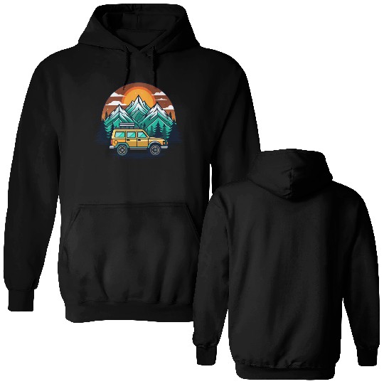 Camper Van parked Lake with Mountains Double Sided Hoodies