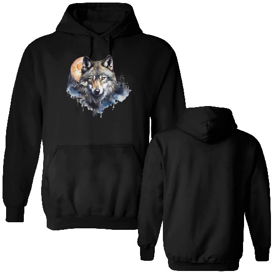 Wolf Portrait Under Full Moon Design Double Sided Hoodies