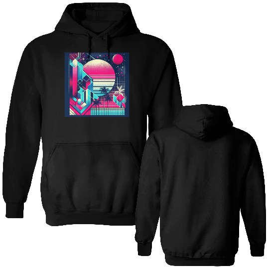 "Retro Neon Cityscape: Geometric Risograph Design" Double Sided Hoodies