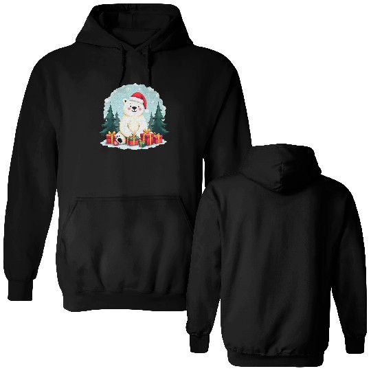 Adorable Polar Bear in Santa Hat Double Sided Hoodies