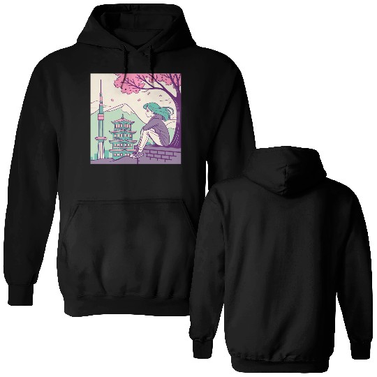 "Peaceful Anime Vibes: Girl Relaxing with Sakura Double Sided Hoodies