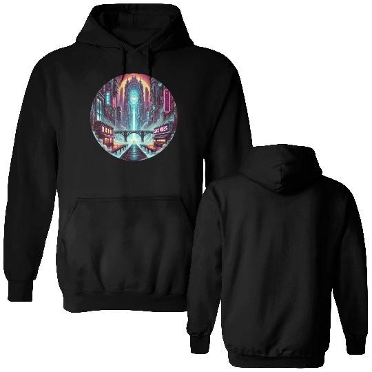 Cyberpunk Portal Cityscape - Futuristic Neon Sci-F Double Sided Hoodies