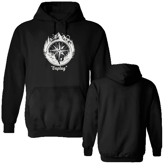 Compass Mountains Hiker, Unplug Nature Adventure Double Sided Hoodies