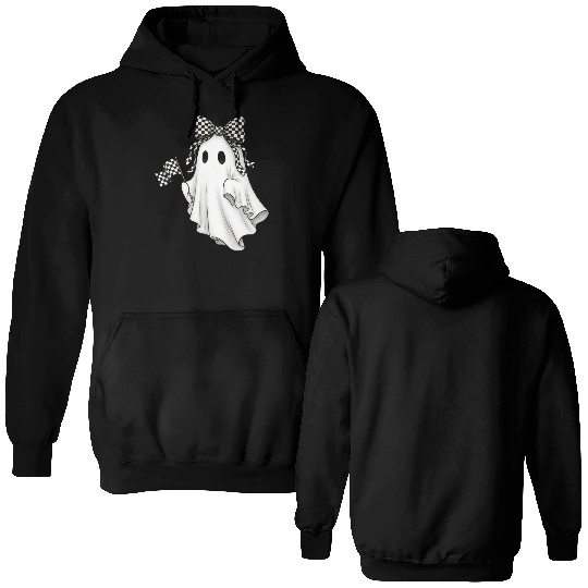 Ghost Boo Checkered Bow Race Day Racing Flag Racer Double Sided Hoodies