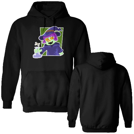 Playful Zombie Witch Cartoon Design Double Sided Hoodies