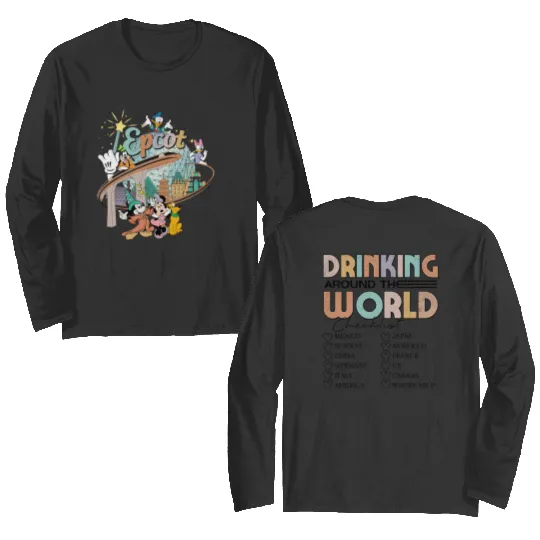 Retro Disney Epcot World Tour Double Sided Long Sleeves, Vintage Epcot Double Sided Long Sleeves, Drinking Around The World, Disney Epcot 1928, Family Matching Double Sided Long Sleeves