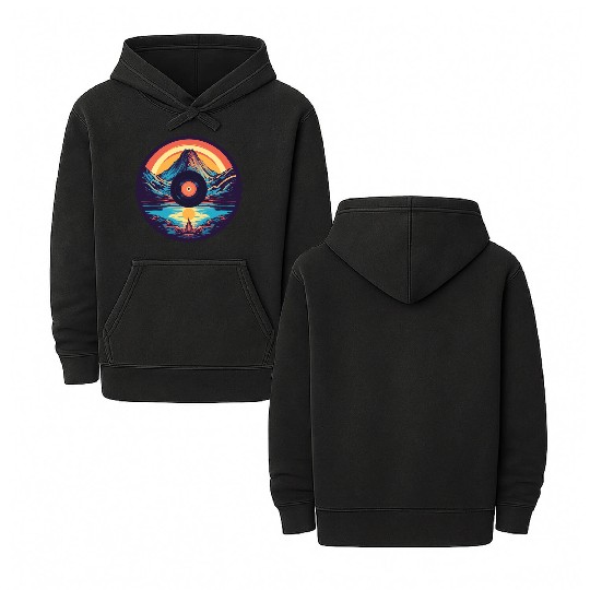 Retro Mountain Landscape: Vinyl Meets Art Double Sided Mineral Wash Hoodies